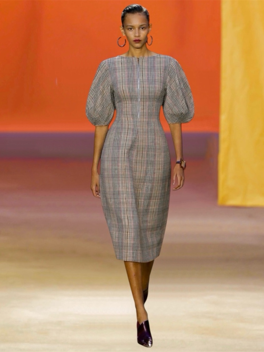 CÉLINE SILK & WOOL PLAID PRINTED DRESS WITH PUFF SLEEVES SIZE 36 PHOEBE PHILO